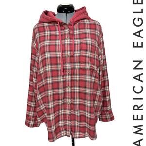 American Eagle Plaid Hooded Flannel Shirt Oversized Button Up Shacket Sz: L